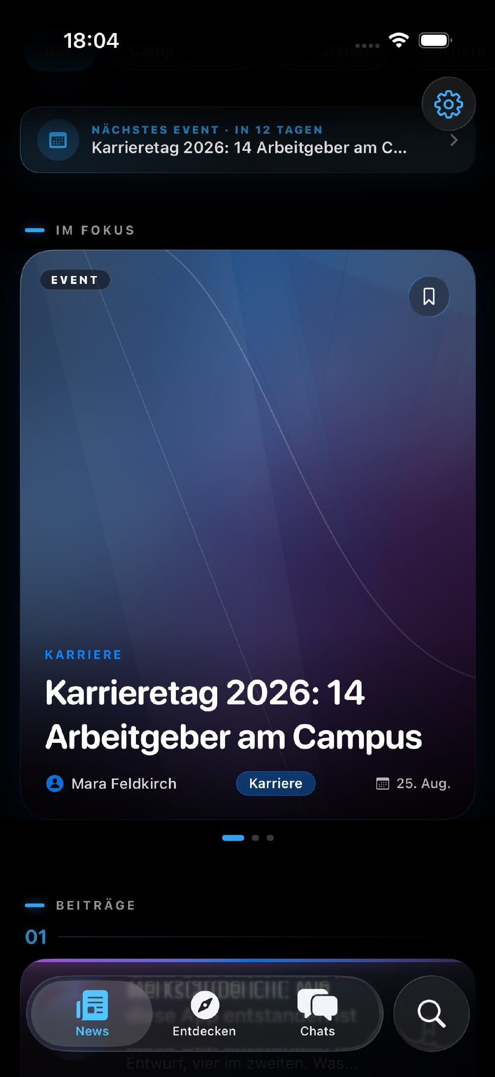 Campus news and events home screen