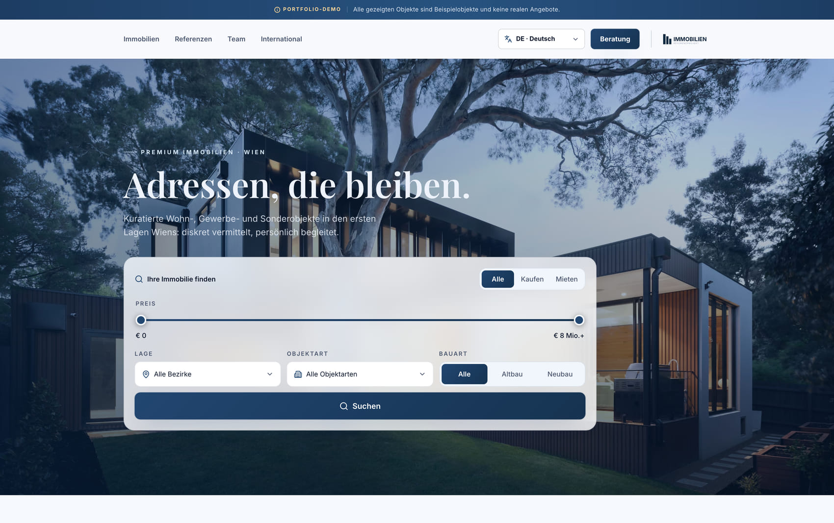 Startseite der Immobilien-Website mit Suche