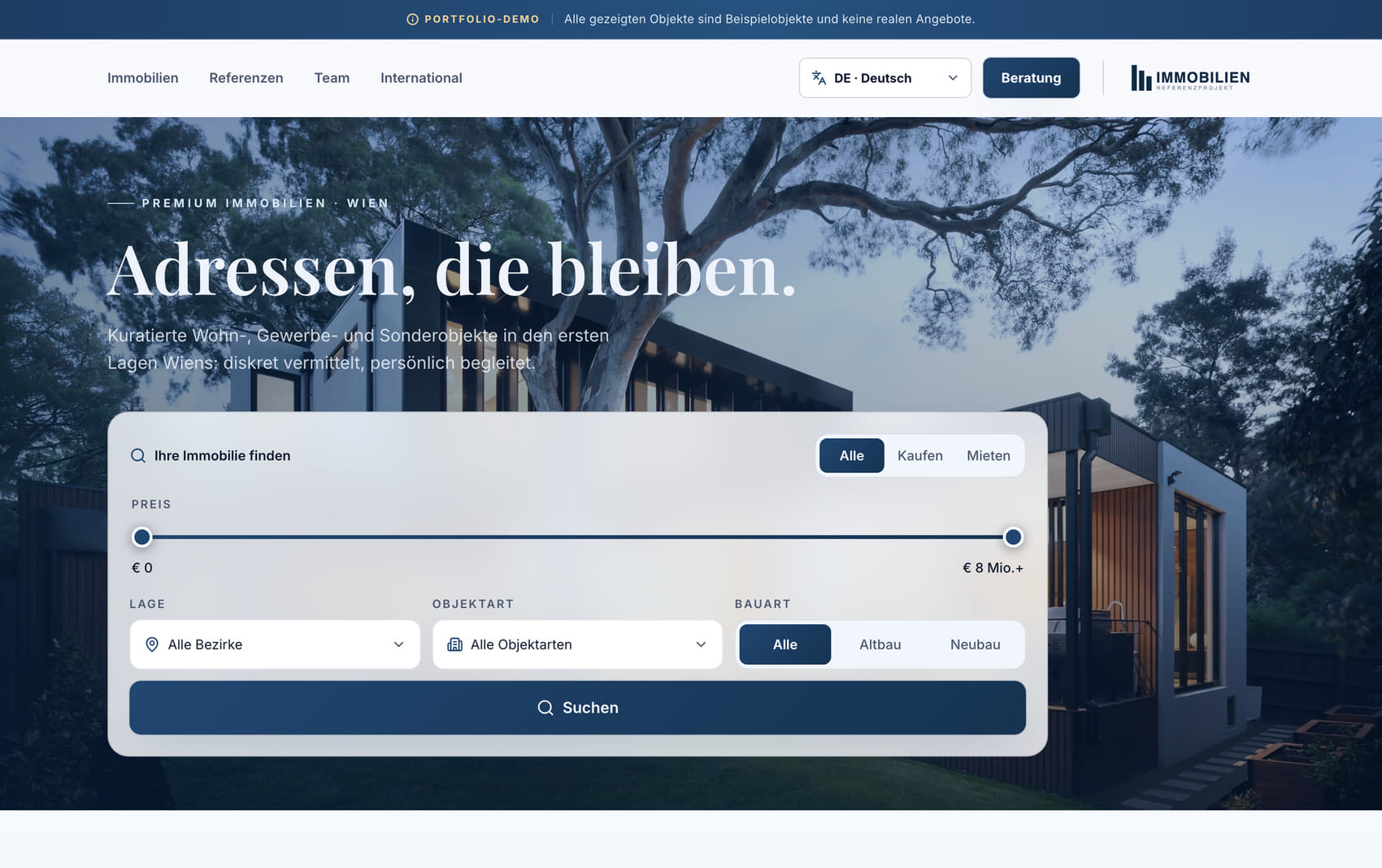 Property website homepage with search
