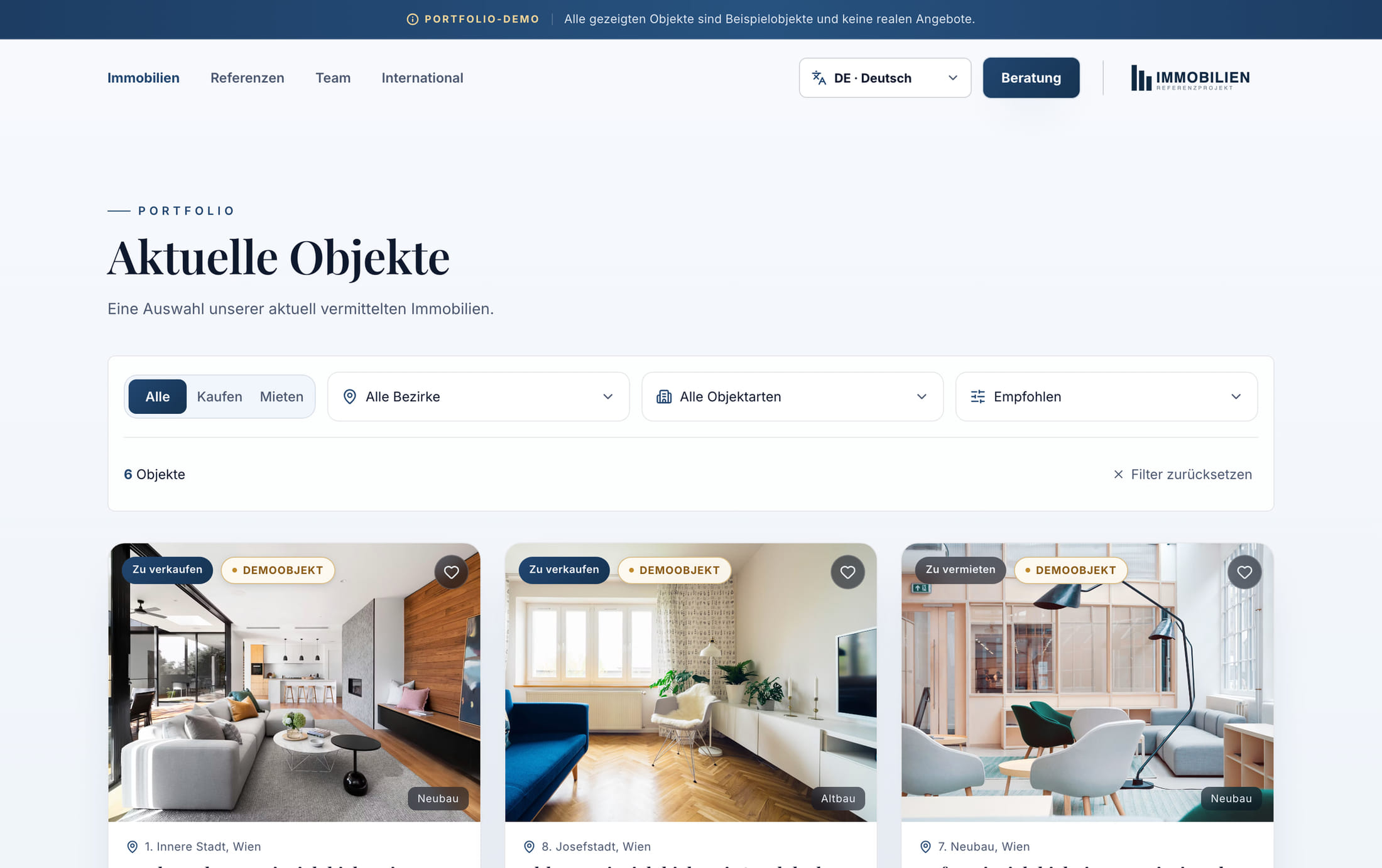Property search with filters and listing cards