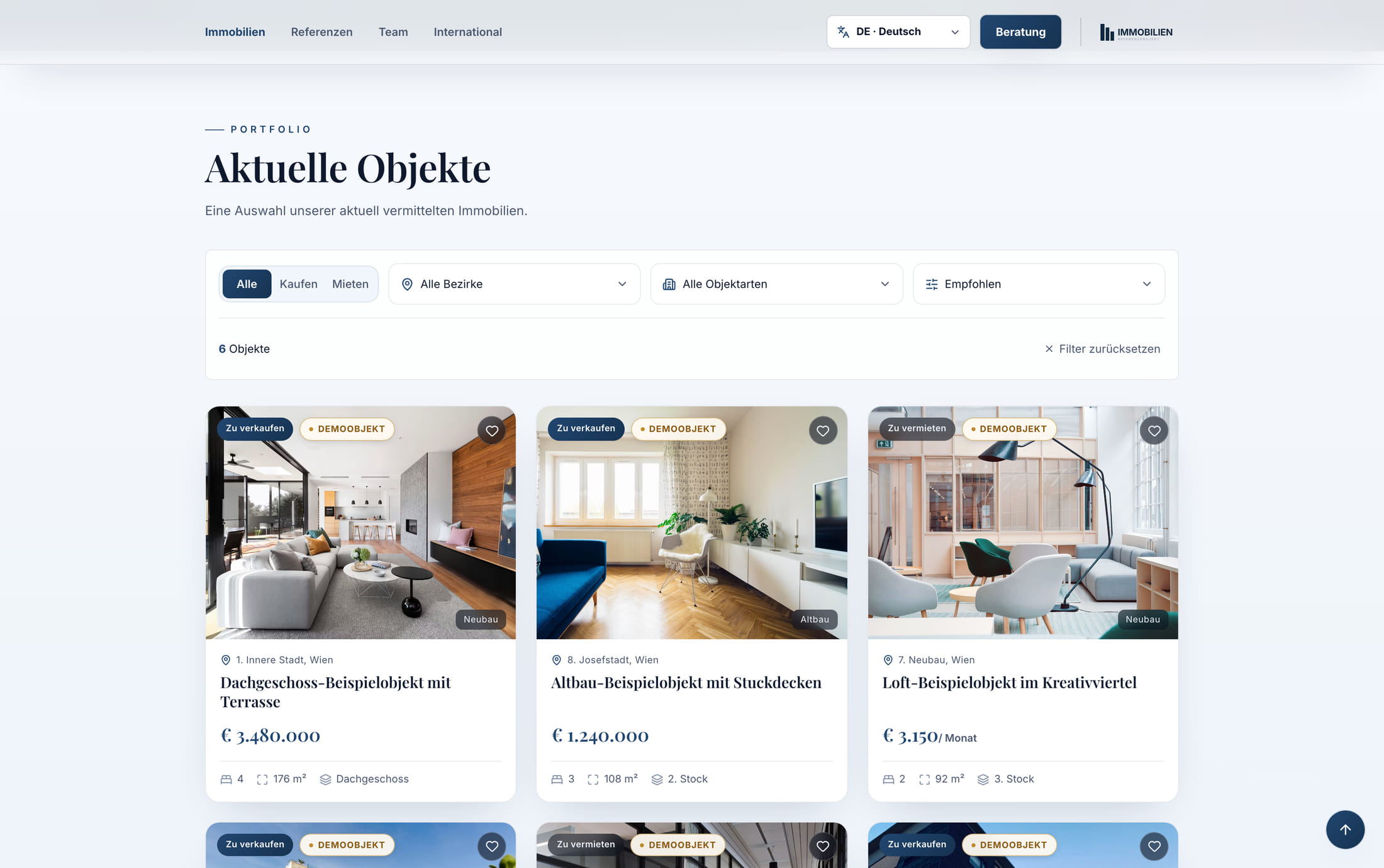 Immobiliensuche mit Filtern und Objektkarten