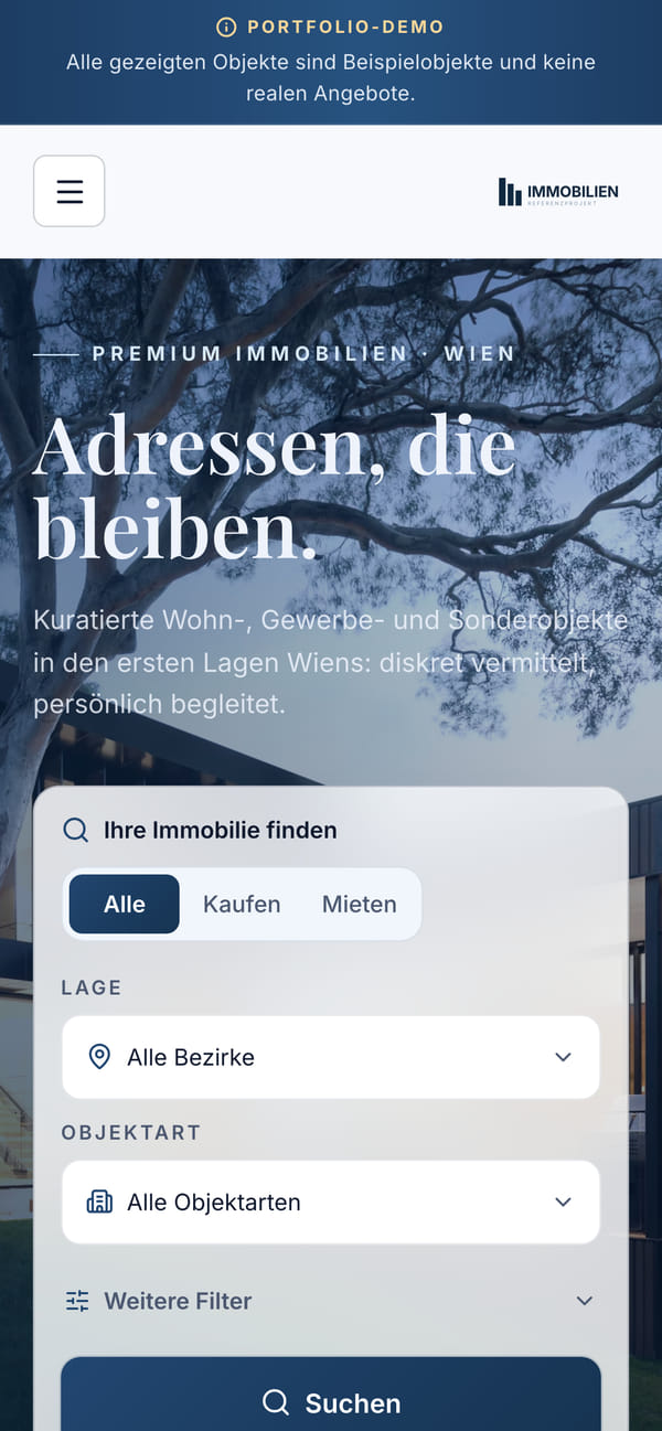 Responsive mobile Startseite der Immobilien-Website