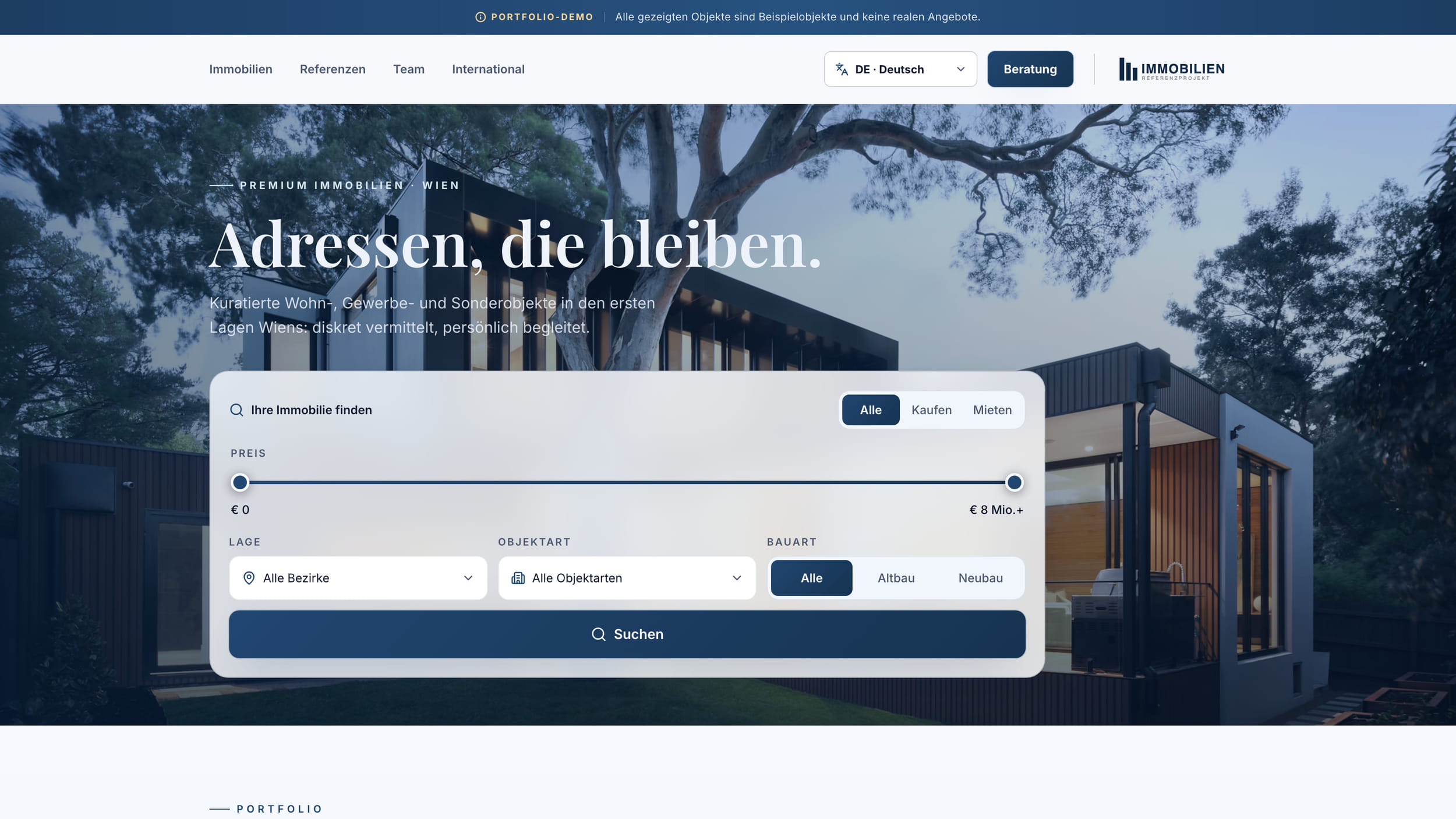 Property website homepage with search