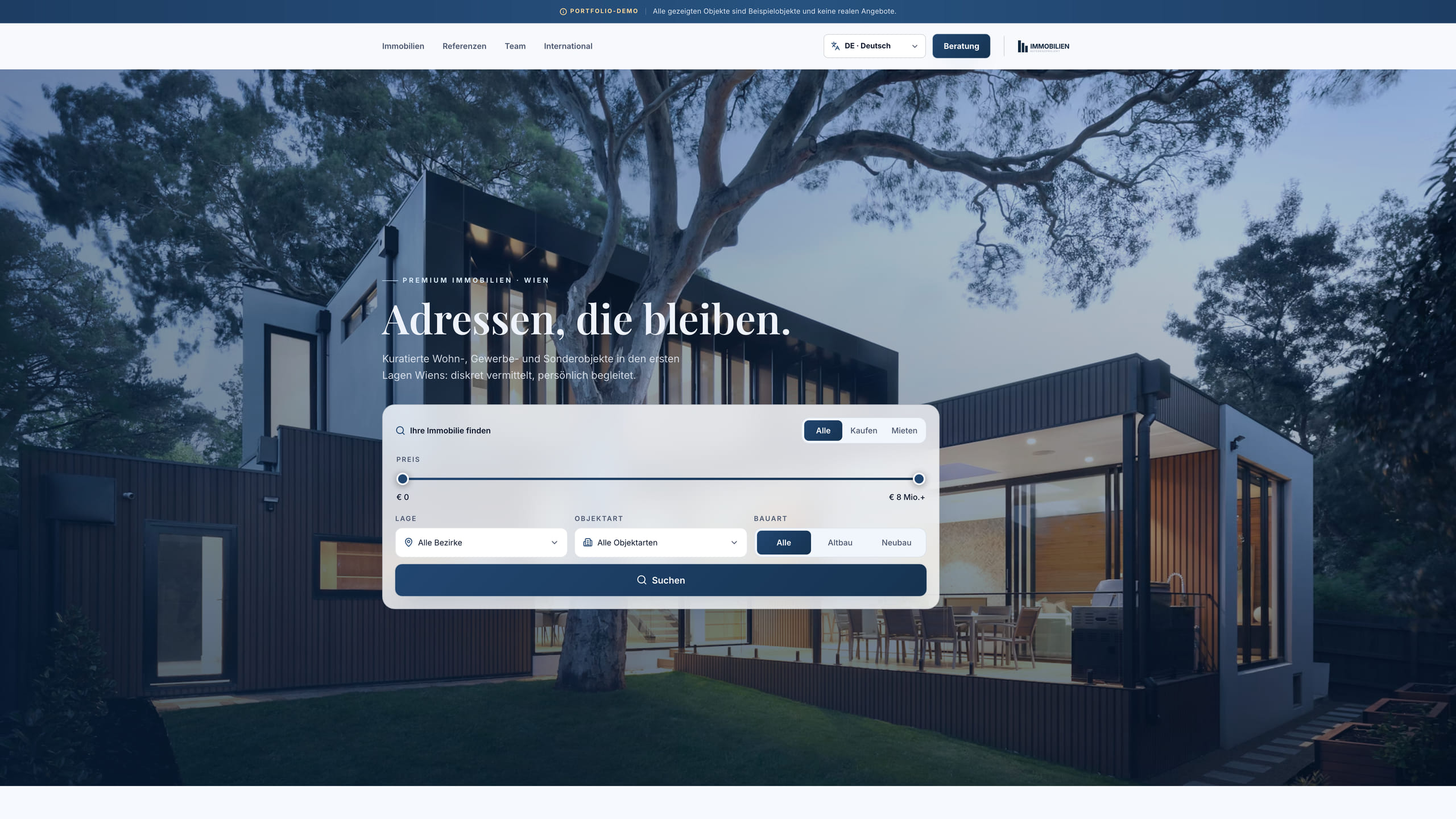 Startseite der Immobilien-Website mit Suche